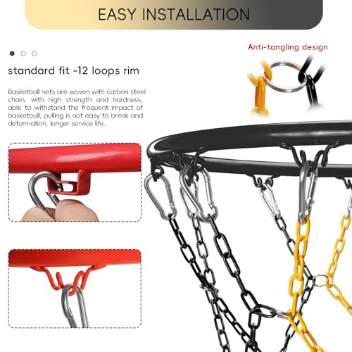 Basketball Net Heavy Duty Replacement,Carbon Steel Chain Basketball net, Anti-Rust Use Indoor Outdoor Standard 12 Loops Hoop - color: Black/Yellow