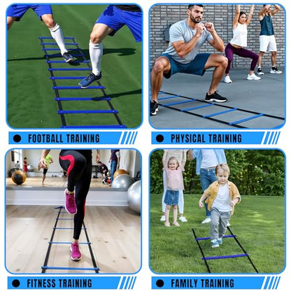 Complete Agility Ladder Training Set - 20ft Speed Ladder, 6 Adjustable Hurdles, 20 Cones, 5 Resistance Bands, 2 Speed Training Parachutes, Jump Rope, Nylon Carry Bag & Stakes