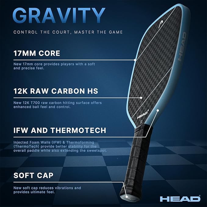 Head Gravity Tour Pickleball Paddle (Grey) – Optional Pickleball/Tennis Bag and Accessories