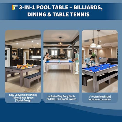 Garvee 7FT 3-in-1 Pool Table with Dining Top & Table Tennis, Multi Game Billiard Table Set with HDF Wood Grain Finish, Includes Cues, Balls, Ping Pong Paddles and Rolling Storage Caddy - color: Blue