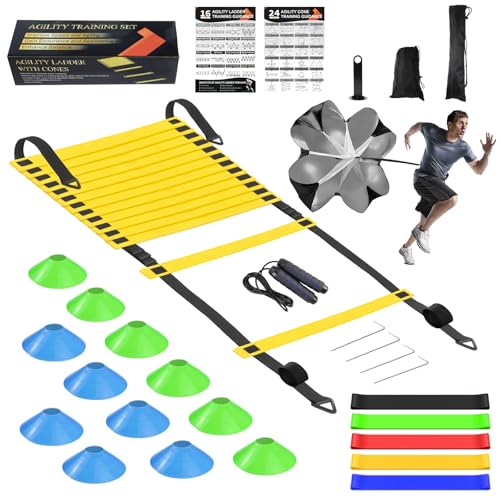 Speed Agility Training Equipment Set, Agility Ladder 20ft, 12 Football Cones, Resistance Parachute/Soccer Kick Trainer, Jump Rope, 5 Resistance Bands, Football Practice Equipment for Kids Adults - color: Set1 with Parachute