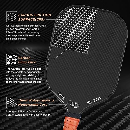 Pickleball Paddle, USA Pickleball Approved, 3K Raw Carbon Fiber Surface (CFS) High Grit & Spin, with 16MM Polypropylene Honeycomb Core, Ideal for Novice and Professional Players - style: 16MM-2PCS