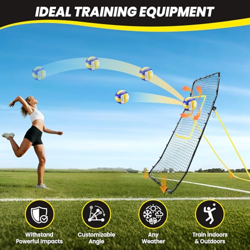BAGAIL Volleyball Rebounder Net 7x4 Ft, Bounce Back Training Equipment with Unique Curved Frame for Better Catching, 5 Adjustable Angles for Volleying & Spiking, Easy Set Up & Sturdy Base - color: Yellow