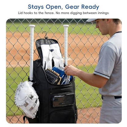 KAVIGOR 80L Rolling Baseball & Softball Bag for Youth & Adult, Holds 3 Gloves & 4 Bats, Custom Team Panel, Travel Ball Ready - color: Black