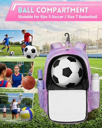 MATEIN Girls Soccer Backpack, Large Basketball Bag with Ball Holder & Shoe Compartment for Tournament & Game Day, Lightweight Youth Sports Bag with Fence Hook Fits 15.6 Inch Laptop, Soccer Team Gifts - color: Pink Purple