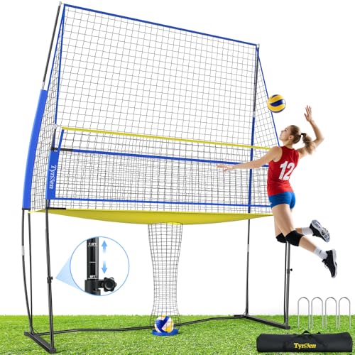 Volleyball Practice Net with Ball Return System, Height Adjustable 6.5-8FT, 11 * 8FT Portable Volleyball Training Equipment for Serving, Spiking, Solo and Team Drills, Indoor/Outdoor Use - color: YELLOW and BLUE
