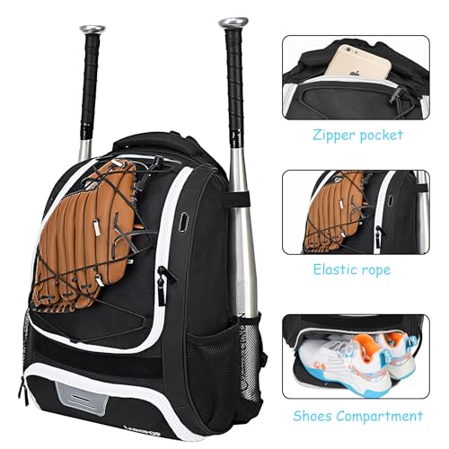 LARIPOP Youth Baseball Bag, Bat Backpack with Fence Hook & Separate Shoe Compartment, Waterproof Equipment Bag for Baseball, T-Ball & Softball - color: Black White