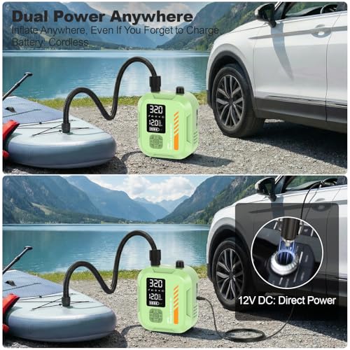 Paddle Board Pump Electric Portable,Rechargeable 22 PSI SUP Air Pump,Dual Power 7800mAh,12V DC Car Plug,Inflation Deflation,Auto-Off,for Paddleboard,Kayak,Kite,Tent,Kayaks - color: Green