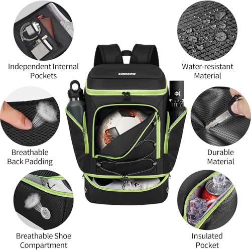 Soccer Bag - Soccer Backpack with Ball Holder,Sport Equipment Bags gifts for soccer stuff Water resistant Includes Separate Cleat Fit Basketball Volleyball Football - color: sport soccer bag 2025 BLACK GREEN