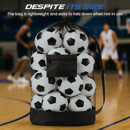 Heavy Duty Mesh Sports Equipment Bag, Large Capacity Ball Storage with Adjustable Shoulder Strap, Waterproof Pocket, Black