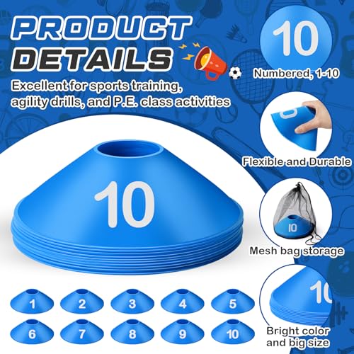 10 Pcs Numbered Sports Disc Cones 1-10 Soccer Cones with Mesh Carry Bag Flexible Agility Cones Soft Field Cones for Gym PE Classes School Activities Games, Sports Training Equipment