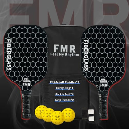 Pickleball Paddles Set of 2 with 4 Balls - USAPA Approved Fiberglass Surface, Lightweight, Non-Slip Grip - Premium Paddle Set for All Skill Levels Indoor & Outdoor - color: Black
