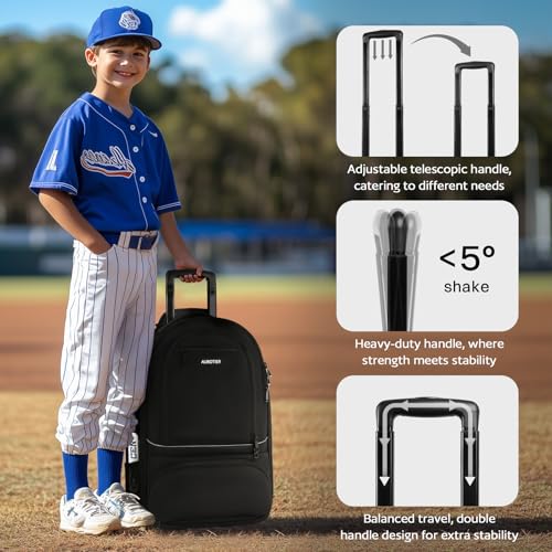 AUROTIER Rolling Baseball Backpack with Off-road Wheels, Wheeled Catchers Gear Bag for Baseball Equipment, 4 Bats, Large Softball Bag for TBall, Helmet & Accessories with Fence Hook - color: Black