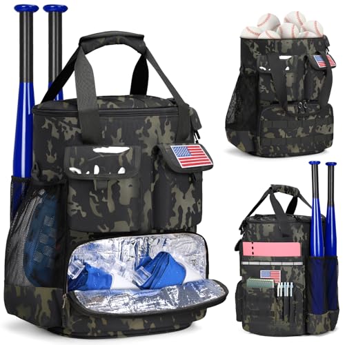 RAINSMORE Baseball Bucket Bag Baseball Coaches Accessories Organizer with Insulation Pocket Tactical Softball Bag with Anti-Slip Bottom, Multiple Pockets for Bat, Gloves, Scoreboards - color: camouflage