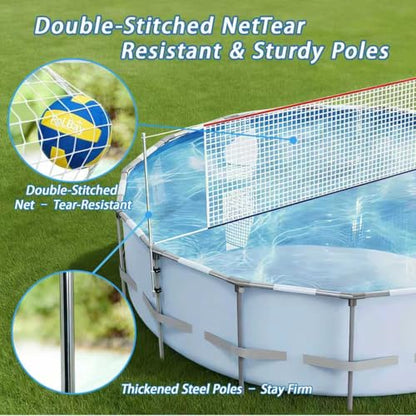 Above Ground Pool Volleyball Net Set, Adjustable 10-27FT Width Swimming Pool Volleyball Net, Outdoor Poolside Games with Ball, Carry Bag, Pump, Poles - Fun Swimming Water Games for Kids Adults Family