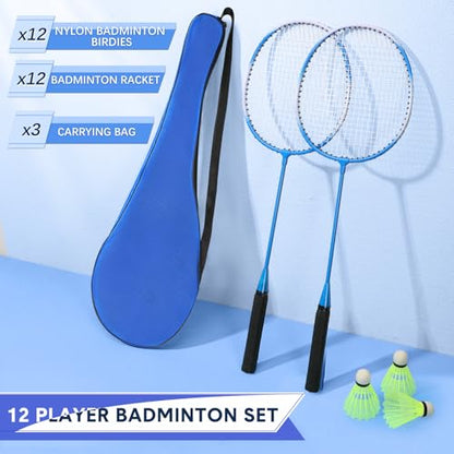 12 Pack Badminton Rackets Set Including Badminton Racquets, Nylon Shuttlecocks and Carry Bag for Outdoor Backyard Games Beginners - color: White-Blue Cross