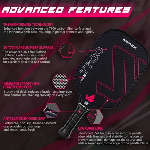 Pickleball Paddle, T700 Raw Carbon Fiber Pickleball Paddle, Thermoformed Pickleball Racket with 16 MM Polypropylene Honeycomb Core, Non Slip Grip, More Control & Power, USAPA Approved