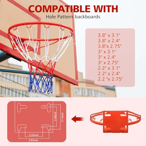18" Basketball Rim Replacement, Wall Door Mounted Basketball Rim, Heavy Duty Basketball Flex Rim Goal Replacement with Net Fits In-Ground & Wall-Mounted Basketball Hoops, Indoor/Outdoor - color: Red