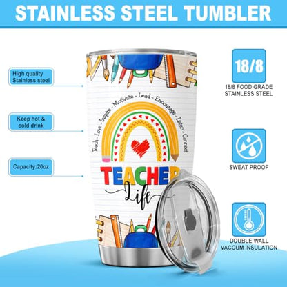 Teacher Life Rainbow Tumbler 20oz, Inspirational Teach Love Inspire Cup, Stainless Steel Thermal Coffee Mug, Appreciation Gift for Women, Back to School, Birthday, Christmas - color: Teacher Life 54