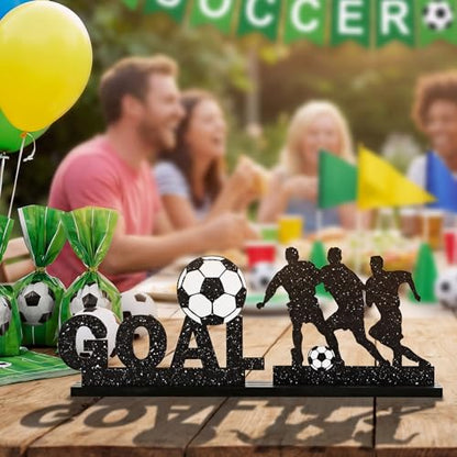 Smile Soccer GOAL Wooden Standing Decor Set, 2-Piece Black Player Silhouette & Text Tiered Tray Tabletop Signs with Stands for Game Day & Sports Party Decorations - style: Letter Goal