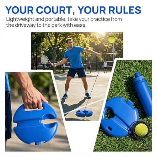 Tennis Ball Training Baseboard – Improve Your Skills & Perfect Your Swing, Solo Tennis Trainer Rebound Ball with 3 Balls, Tennis Practice Rebounder with Base for Beginner Adult Home - color: Blue