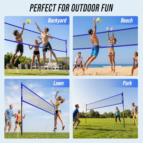 Outdoor Volleyball Net System for Backyard, Adjustable Height (5.1–8FT) & Width (20–32FT), Anti-Sag Tension System, 2-in-1 Badminton Combo Set with Carry Bag, Rackets & Shuttlecocks - color: Blue