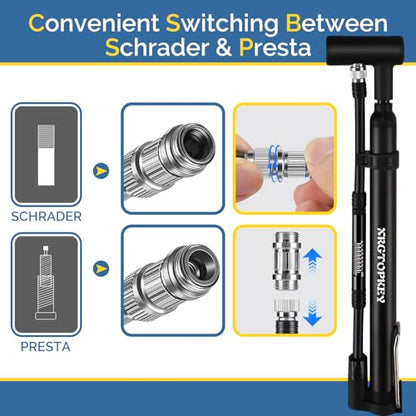 Bike Pump with Gauge, Floor Stand Mini Bike Pump 120 PSI with Foot Rest for Stable Inflation, Dual Valve Schrader Presta, Bicycle Tire Inflator for Fast Emergency Repair on MTB and Road Bike