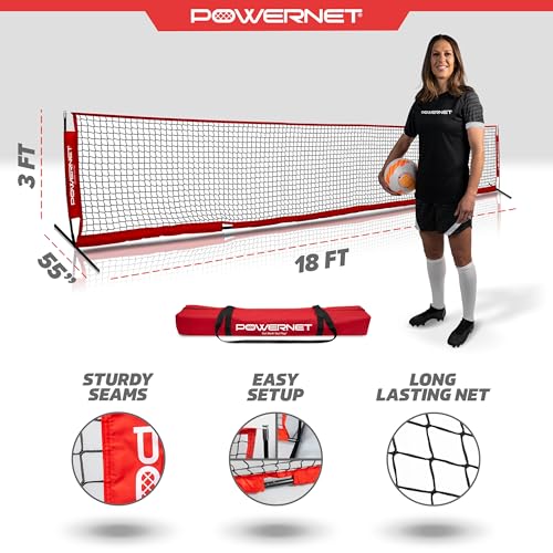 PowerNet Soccer Tennis Net, Portable Instant, Indoor Outdoor, Metal Collapsible Base Weighted, Durable Vertical Bow Posts, Quick Setup Easy Folding Storage, 1 Net + 1 Carrying Bag - size: 18 ft x 3 ft