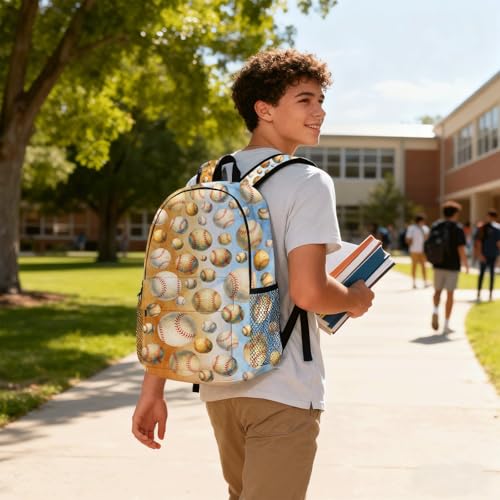 Baseball Backpack for Kids & Youth, 16 Inch Tennis-Themed School Bookbag, Lightweight Polyester Daypack with Front Zip Pocket, Side Bottle Pocket, Padded Adjustable Straps, Unisex - color: Baseball