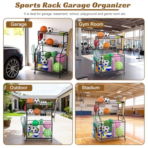 Outdoor Storage Sports Equipment Organizer, 3-Tier Heavy Duty Rolling Cart with Lockable Wheels, Removable Mesh Baskets & Bottom Bin for Balls, Bats, and Gear A