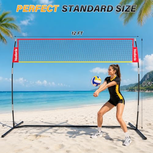 12ft Freestanding Volleyball Net – Height Adjustable 7.4ft/8ft for Men & Women, Durable Fiberglass Poles, 4-Minute Quick Setup – Includes Carry Bag & Stakes for Backyard, Gym, Beach