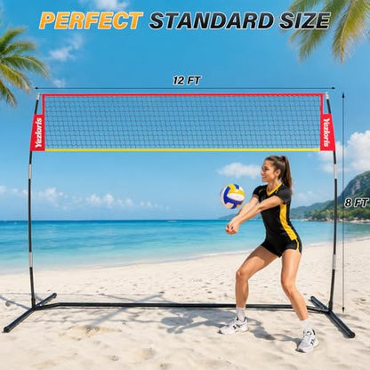 12ft Freestanding Volleyball Net – Height Adjustable 7.4ft/8ft for Men & Women, Durable Fiberglass Poles, 4-Minute Quick Setup – Includes Carry Bag & Stakes for Backyard, Gym, Beach