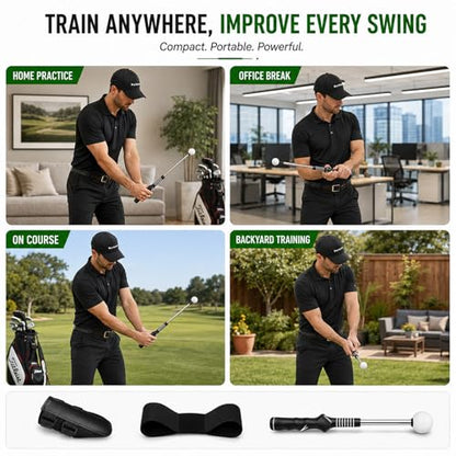 Golf Swing Trainer Aid for Right Handed, Retractable Golf Practice Tool with Click Feedback - Golf Training Aid Includes Wrist Alignment Brace & Correcting Arm Band, Power & Rhythm Training