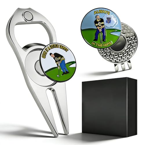 Funny Golf Divot Tool and Ball Marker with Magnetic Hat Clip set, Personalized Happy-Gilmore Golf Markers for Putting Green, Special Golf Gift in Black Box for Men Birthdays, Father’s Day, Holidays - color: Silver