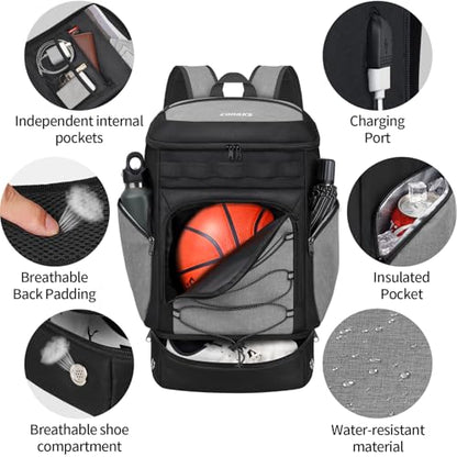 Basketball Backpack Bag Large Sports Bag with Separate Ball holder & Shoes compartment, Best for Basketball, Soccer,Volleyball,Gym - color: Grey