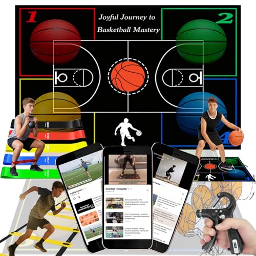 Basketball Training Equipment, Agility Footwork Training Mat, Dribble Trainer, Basketball Practice Aids with Training Mat, Agility ladder, Grip Strengthener, Resistance Bands - color: Black (3D-Muster), size: 42"*29"