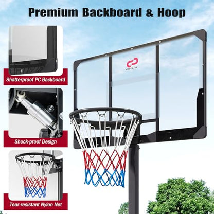 GYMAX Basketball Hoop, 7.54-10ft Adjustable Portable Basketball Goal with Extra Thick Fillable Base, Foldable, Shatterproof PC Backboard, Indoor & Outdoor for Driveway, Backyard, Court, Adults Teens