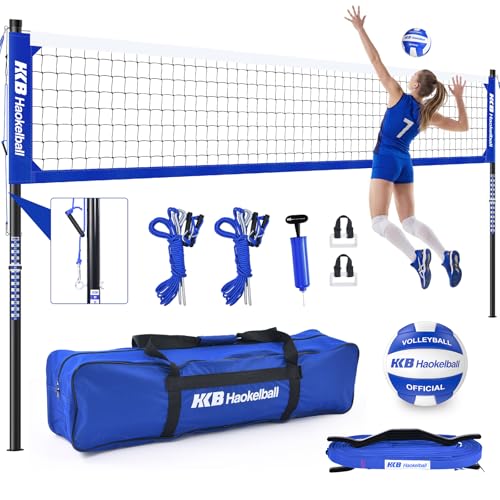Haokelball Outdoor Volleyball Net Set for Backyard, 32FT Regulation, 3-Level Adjustable Height & Anti-Sag Tension System, Heavy Duty Thick Poles, Includes Volleyball, Pump, Boundary Line and Carry Bag - color: A-Blue