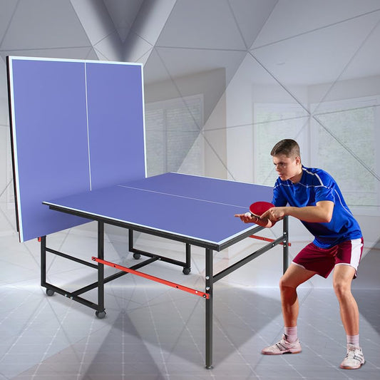 8FT Folding Rolling Table Tennis Table Indoor/Outdoor Table Tennis Table, 2 Rackets, 3 Balls, 1 Net and 4 Wheels Set Behind It for Easy Movement-Blue