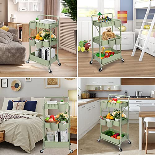 Foldable 3 Tier Rolling Cart, Metal Utility Cart, Folding Mobile Multi-Function Storage Trolley Organizer Cart for Home Library Office(Green) - color: Green