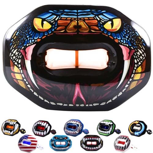 Oral Mart Flag Football Mouth Guard with 3D LipFit Design for Kids - Youth Football Mouthguard (No Boil) Cool Instant Fit Lip Guard Mouthpiece for Braces (Detachable Helmet Strap Included) - color: Stealth Viper