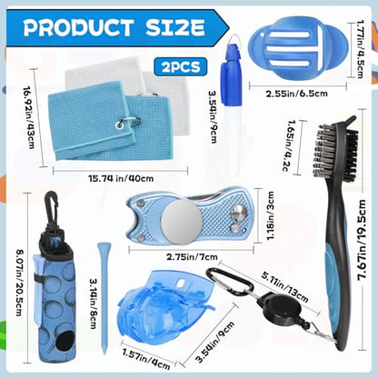 Golf Accessories Kit Golf Club Cleaning Kit Club Groove Cleaner Brush Divot Repair Tool Golf Towel with Clip Ball Bag with Hook Ball Alignment Kit Marking Pen Golf Gift Set Women - color: Light Blue