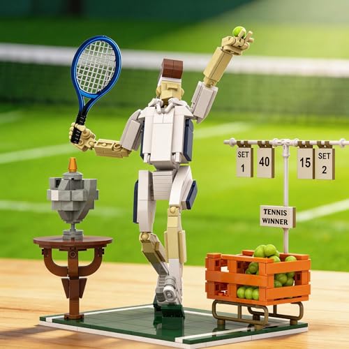 Tennis Champion Building Set for Adults – 482Pcs Kit with Metal Racket, 30 Mini Balls, Trophy & Scoreboard Stickers – Poseable Figure on Grass Court Model, Collectible Sports Diorama