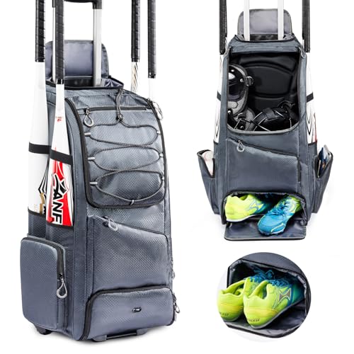 Large Rolling Baseball Catchers Gear Bag with Wheels, Softball Bag with Hard Backing for 4 Bats,Equipment Bag with Separate Shoe & Helmet Compartments, Youth Baseball Bag with 360° Spinner Wheels - color: Grey - Style A - Integrated Rolling System, size: