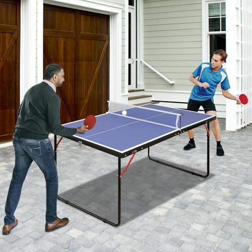 Mid-Size Portable Ping Pong Table, 4ft Compact Foldable Table Tennis Set with Net, Paddles & Balls, Thickened Aluminum Frame for Indoor Outdoor Small Spaces