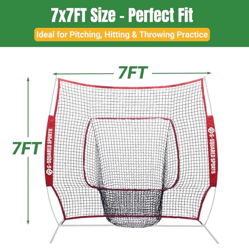 Baseball & Softball Replacement Net 7ft x 7ft (NET ONLY), Heavy Duty Knotless for Pitching, Hitting & Throwing Practice, Fits 7x7ft Training Net Frames - color: Red