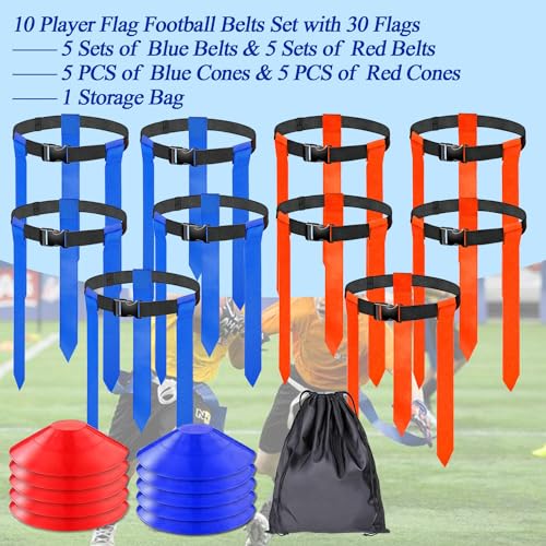 16 Sets Flag Football Belts, Adjustable Flag Football Set, Flag Football Flags Training Set Include Cones - color: 10 Sets Flag Football Belts With Cones