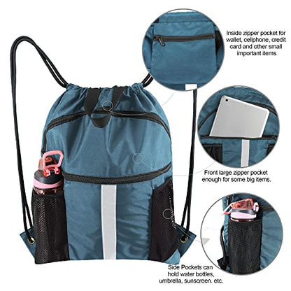 BeeGreen Drawstring Backpack Bag with Shoe Compartment, X-Large Black Gym Sports String Cinch Backpack - color: Haze Blue