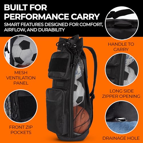 Fitdom 47L Heavy Duty Mesh Equipment Ball Bag w/Adjustable Padded Sling Shoulder Strap Design for Coach. 3 Different Size Compartments. Perfect for Soccer Football Volleyball Basketball & Water Sports