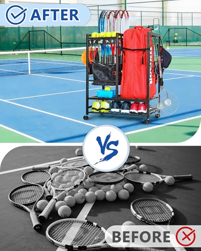 Mythinglogic Tennis Bag Storage Rack, Tennis Racket and Ball Organizer, Tennis Equipment Holder for Garage, Club, School